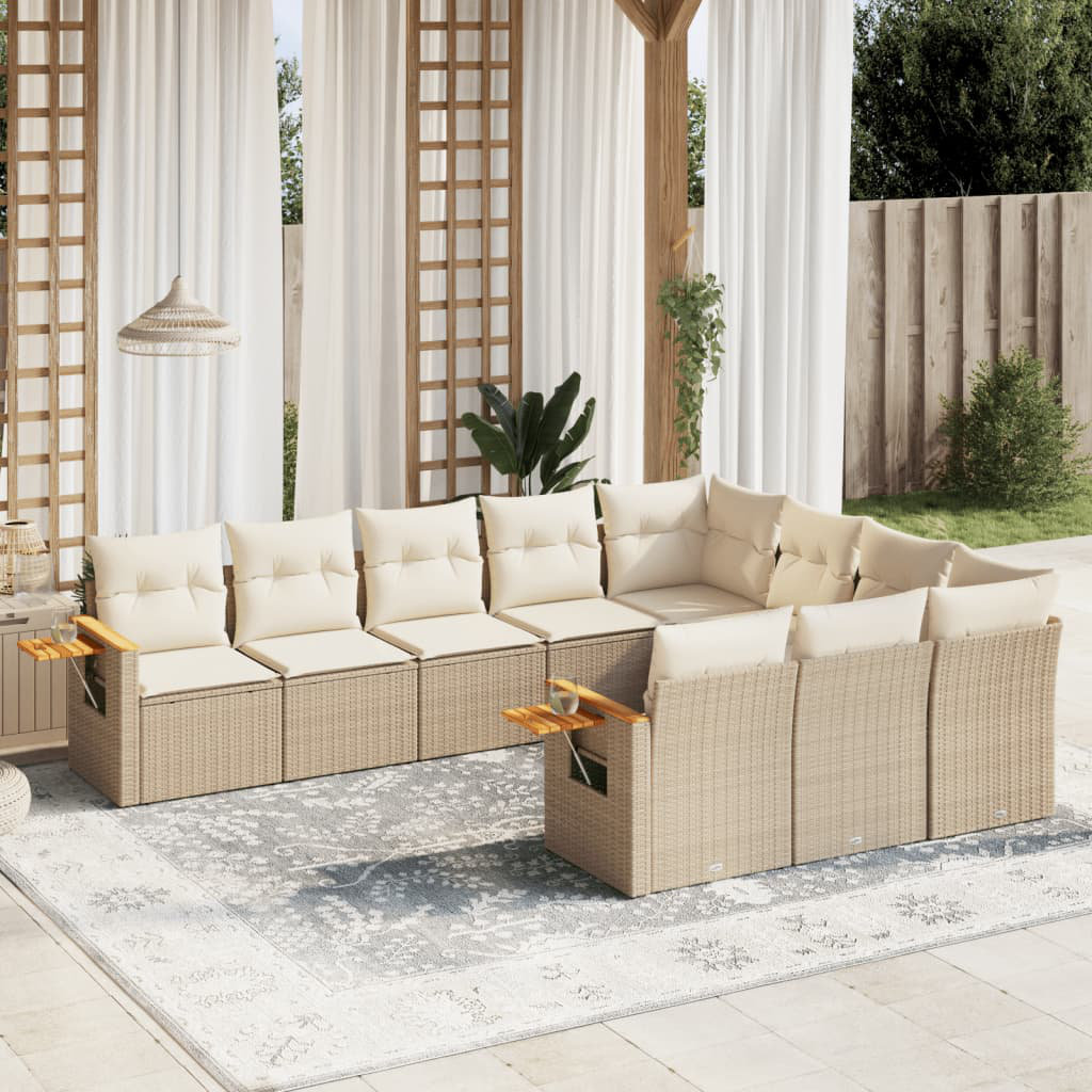 vidaXL 10-tlg. Garten-Sofagarnitur mit Kissen Beige Poly Rattan