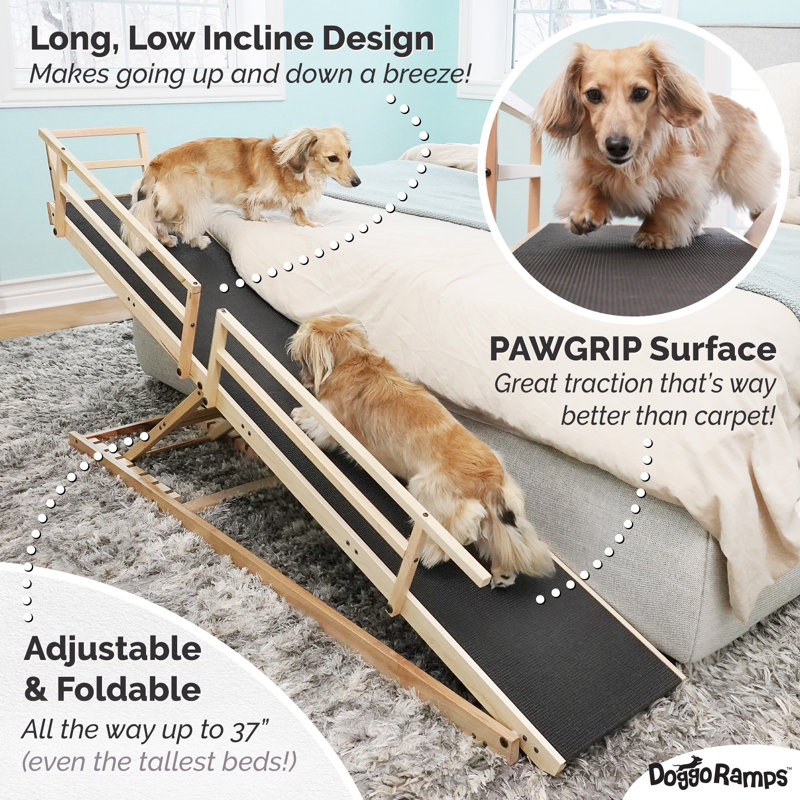 Rampe d'accès pour lit pour petits chiens en bois d'érable massif, avec barres latérales et revêtement antidérapant – Fabriquée au Canada