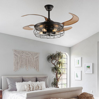 Ventilateur de plafond 48 po avec télécommande noire - ventilateur industriel à 4 pales avec cage et vitesse réglable pour le salon, la chambre à coucher ou le bureau (silencieux / 6 vitesses / réversible / moteur à courant continu) (ampoule non incluse)