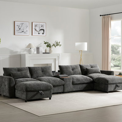 Canapé modulaire de 136 po avec console, porte-gobelet, câblé et sans fil, deux repose-pieds de rangement mobiles, siège de 30 po, conception à tirette, chenille pour la maison fonctionnelle et résidentielle