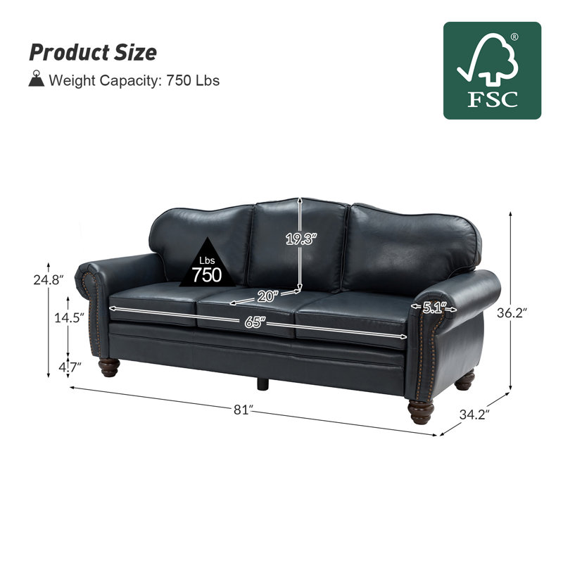 Eugene 81" Traditional Genuine Leather Sofa, Navy