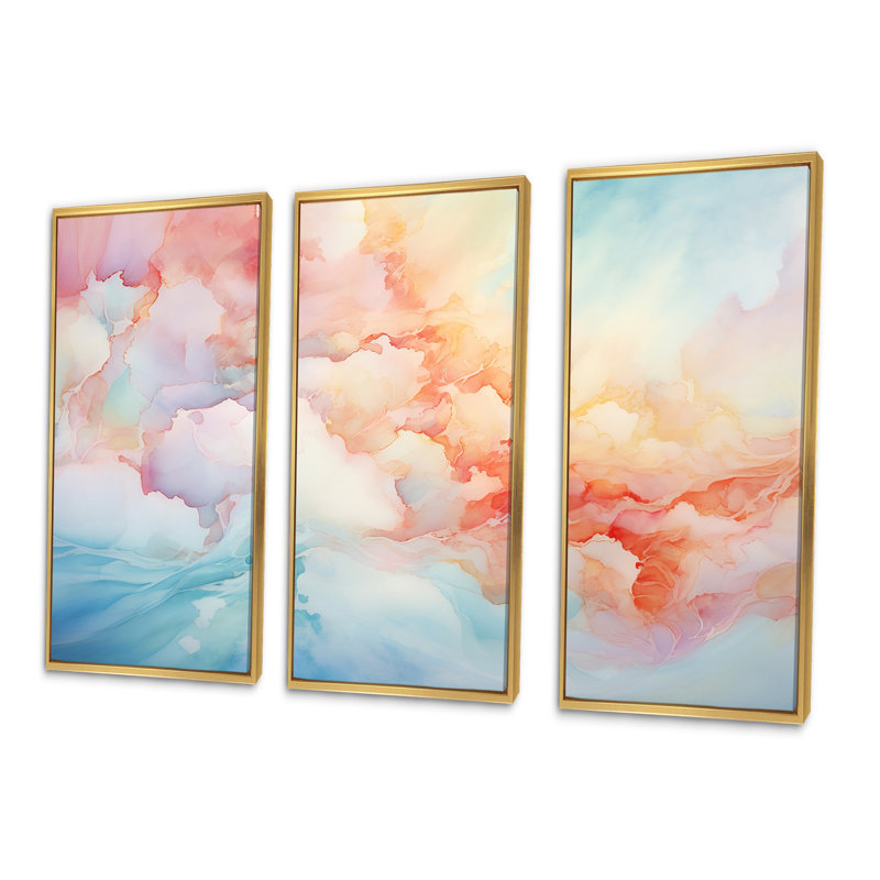 Nuage, lever du soleil, alcool, encre, paysage, ensemble d'art sur toile, Cadre flottant doré, H 40 po x l 60 po x P 1 po