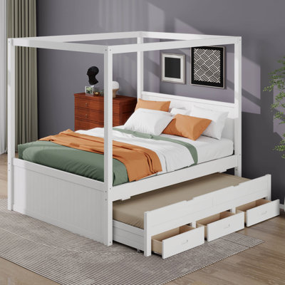Lit à baldaquin en bois avec lit gigogne simple, 3 tiroirs de rangement, cadre de lit plateforme avec tête de lit, lit à colonnes, sommier à lattes en bois