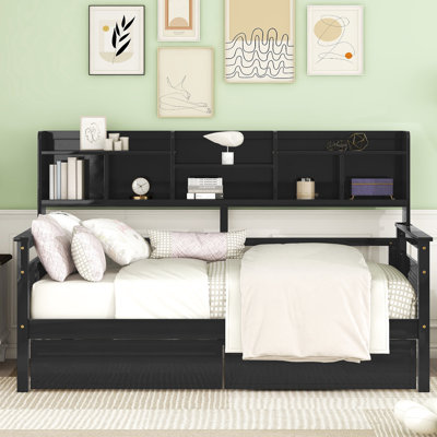 -Colored Daybed With Solid Wood Frame, Bedside Shelves, And Two Drawers Twin In Elegant , Storage For Space