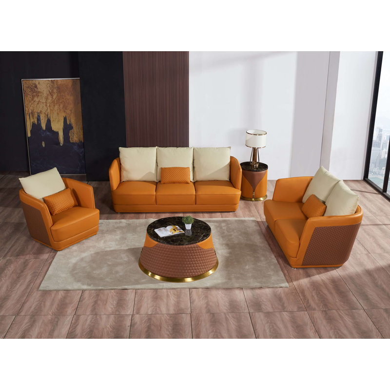 Glamour 3 - Piece Living Room Set, Orange/Brown Genuine Leather