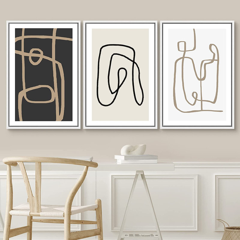 Esthétique abstraite, ligne noire, art moderne minimaliste, encadré sur toile, 3 pièces, H 36 po x l 72 po, Blanc