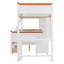 Lit simple superposé au dessus d'un lit double avec bureau, tiroirs, tablettes et armoire, lumière DEL, blanc et orange