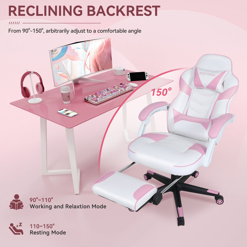 Adults Ergonomic Racing Style High Back Computer Chair with Footrest Headrest and Lumbar Support, Pink