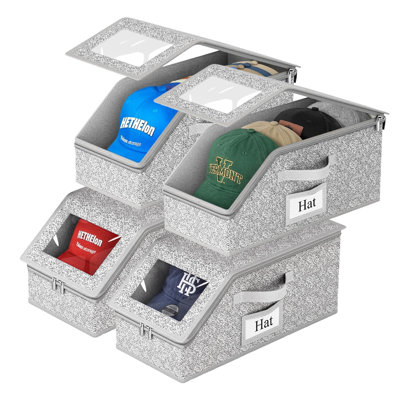 Ensemble de 4 boîtes de rangement pour casquettes de baseball, boîtes de rangement en tissu empilables avec fenêtre transparente pour garde-robe, chambre à coucher et maison