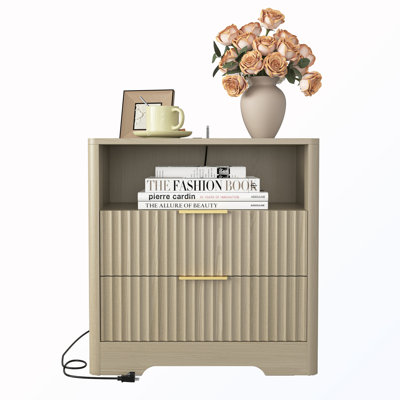 Nightstand with Charging Station and Night Light and Cabinet