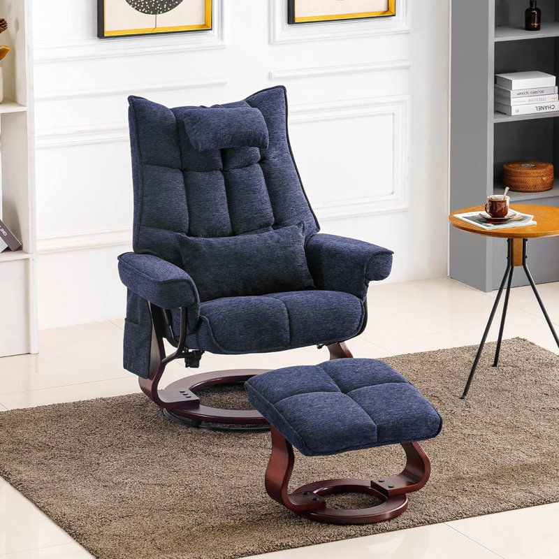 Bennith Upholstered Swivel Recliner, Massage TV Chairs with Neck Pillow and Side Pocket, Blue Chenille