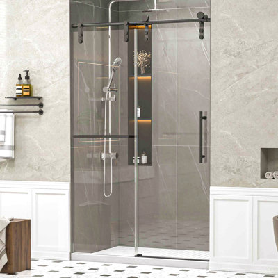 46-48" W * 76" H Frameless Single Sliding Shower Doors Without Soft-Close, Bathroom Sliding Shower Door With Towel Rail And Auxiliary Handle, 5/16" (8mm) Thick SGCC Tempered Glass Door