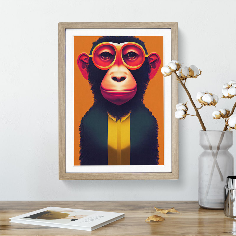 Monkey In Glasses No.4 - Wall Art, 64cm H x 46cm W x 2cm D, Oak Framed