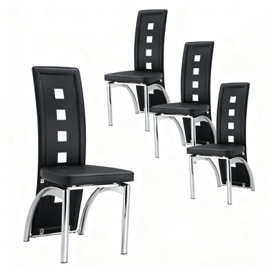 Ensemble de 4 chaises de salle à manger modernes en similicuir noir, chaises d'appoint à pieds arqués chromés argentés, chaise ergonomique à haut dossier avec découpes, style glamour luxueux