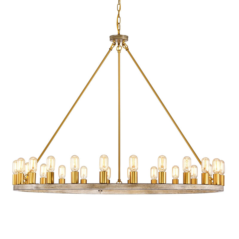 Hempy 24 - Light Dimmable Wheel Chandelier, Wood/Gold