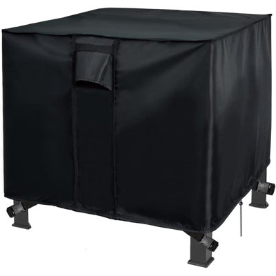 Housse carrée noire pour chauffage, protection robuste, imperméable et résistante aux UV pour équipements de chauffage d'extérieur, avec aérations latérales, poignées en sangle, boucles diagonales et cordon de serrage réglable en bas.