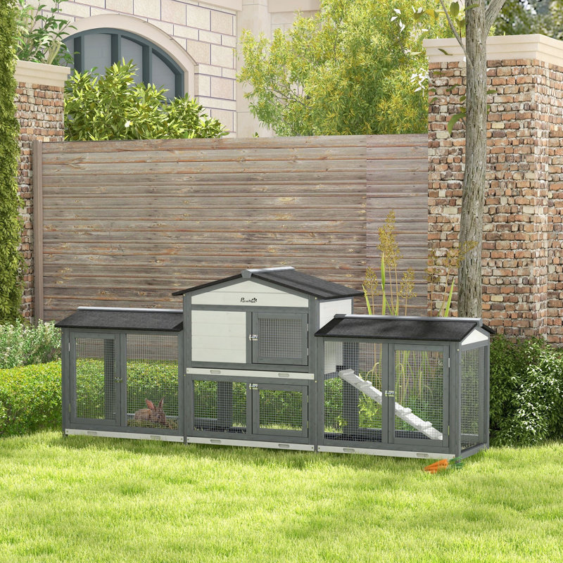 Grande cage à lapins en bois avec boîtes à double couloir, plateau sans fuite, rampe, pour petits animaux et cochons d'Inde, gris clair
