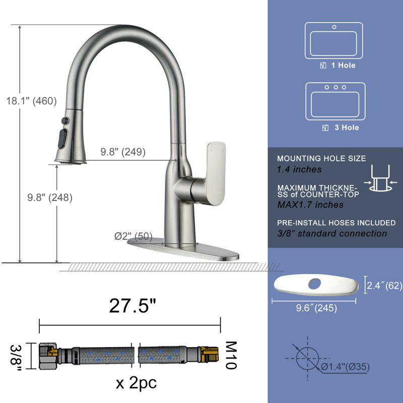 Stainless Steel 3-Function Single Handle Pull Down Kitchen Faucet With Deck Plate And Supply Lines, Brushed Nickel
