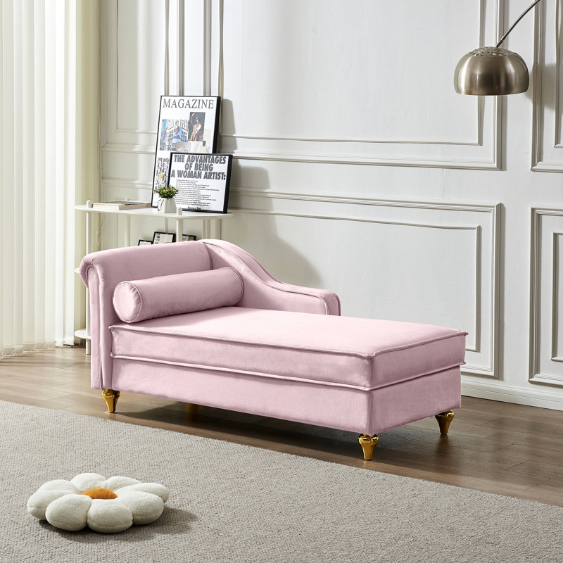 Méridienne moderne avec rangement en velours rose moderne - aspect élégant, revêtement, espace dissimulé, structure en métal doré, assemblage facile avec pattes dorées douces et lisses,