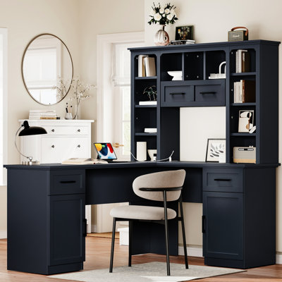 Bureau en L bleu antique avec 2 placards, tiroirs, 11 étagères ouvertes, 1 tablette rabattable à droite et prise électrique, idéal pour un espace de travail confortable à domicile avec ordinateur.