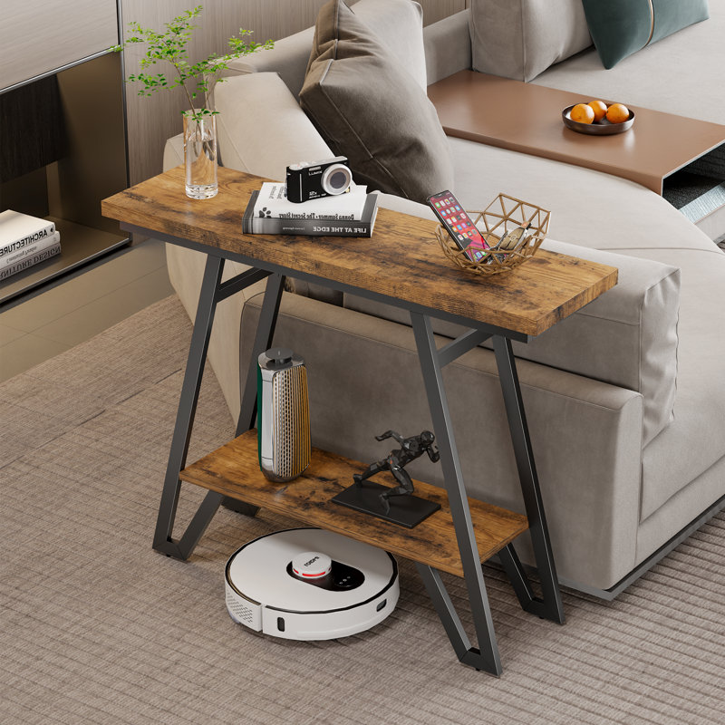 40.5" Industrial Console Table With Metal Frame, 2-tier Narrow Entryway Table For Small Spaces, Brown