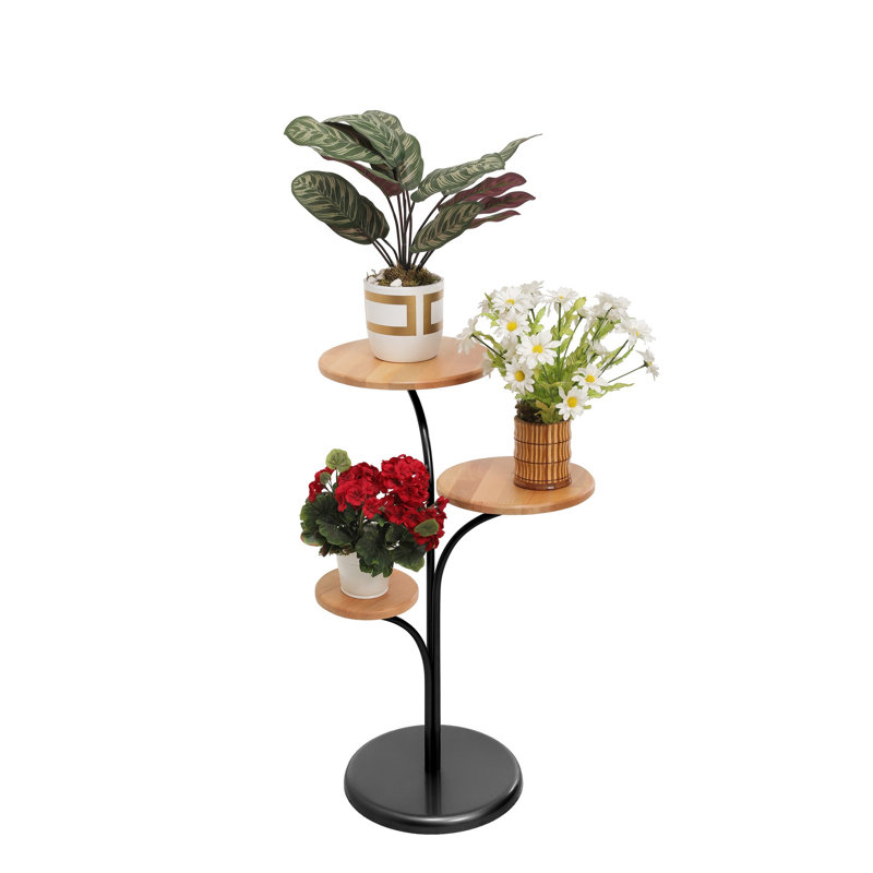 Stylish Modern Side Table, Black & Oak, 13.8 x 33.5 x 13.8 inches | 100% Beech Wood & Metal Frame, Multipurpose Design | 3 Shelves: 11.8 in, 9.8 in, 7.9 in Diameters | Electrostatic Powder Coated Finish, Ideal for Industrial Decor