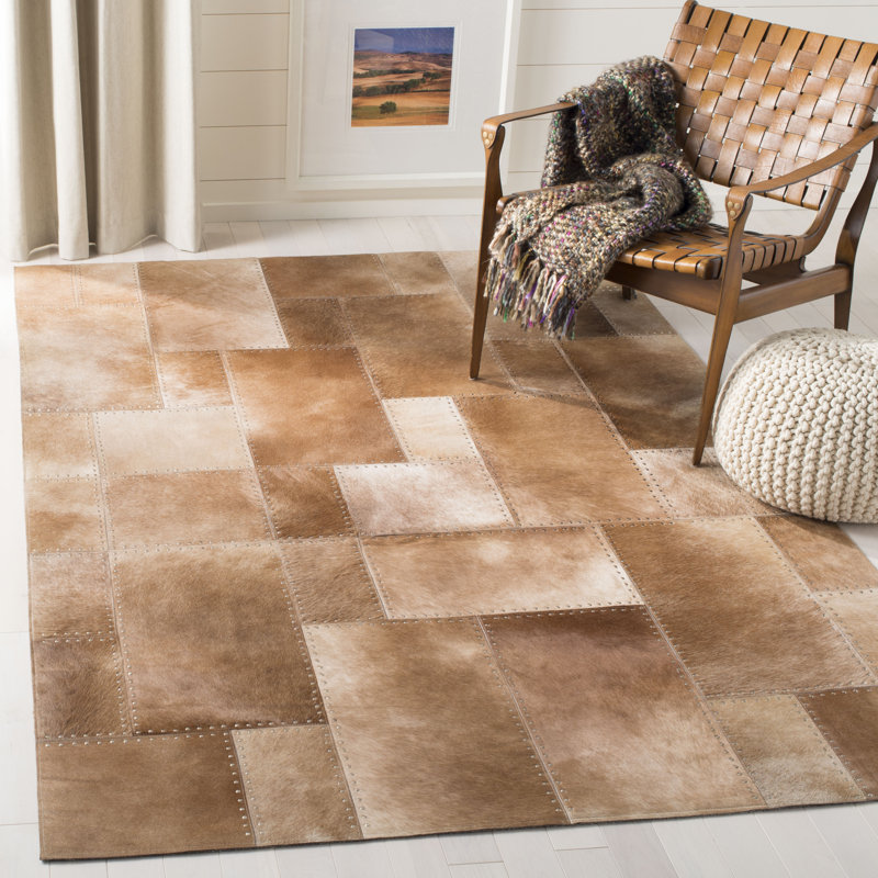 Studio Geometric Handwoven Leather Beige Area Rug, Rectangle 4' x 6'