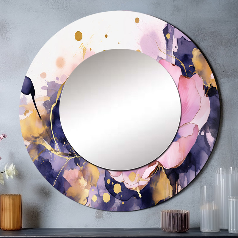 Plantes roses et mauves dans le chaos - miroir mural floral, miroir décoratif rond traditionnel, impression d'art en métal