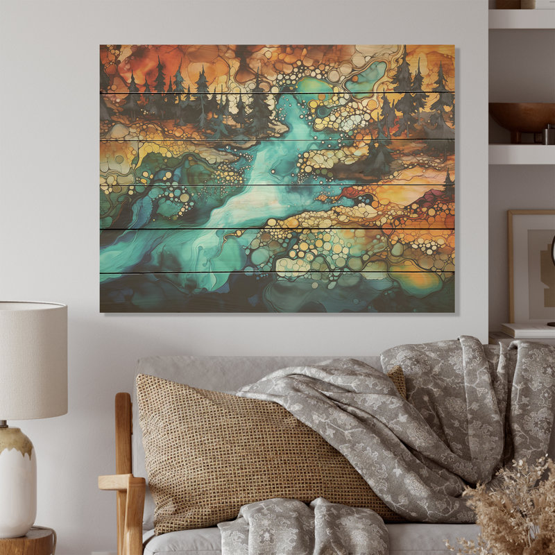 Dreamscape Lakes Rivers Liquid Ink Landscape I - Lake River Wood Wall Art On Natural Pine Wood, 24" H x 32" W