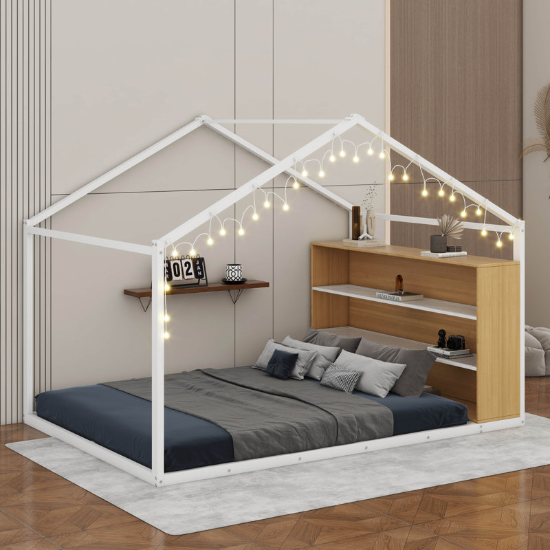 Lit en métal avec lumières et tablettes, Lit double, Blanc