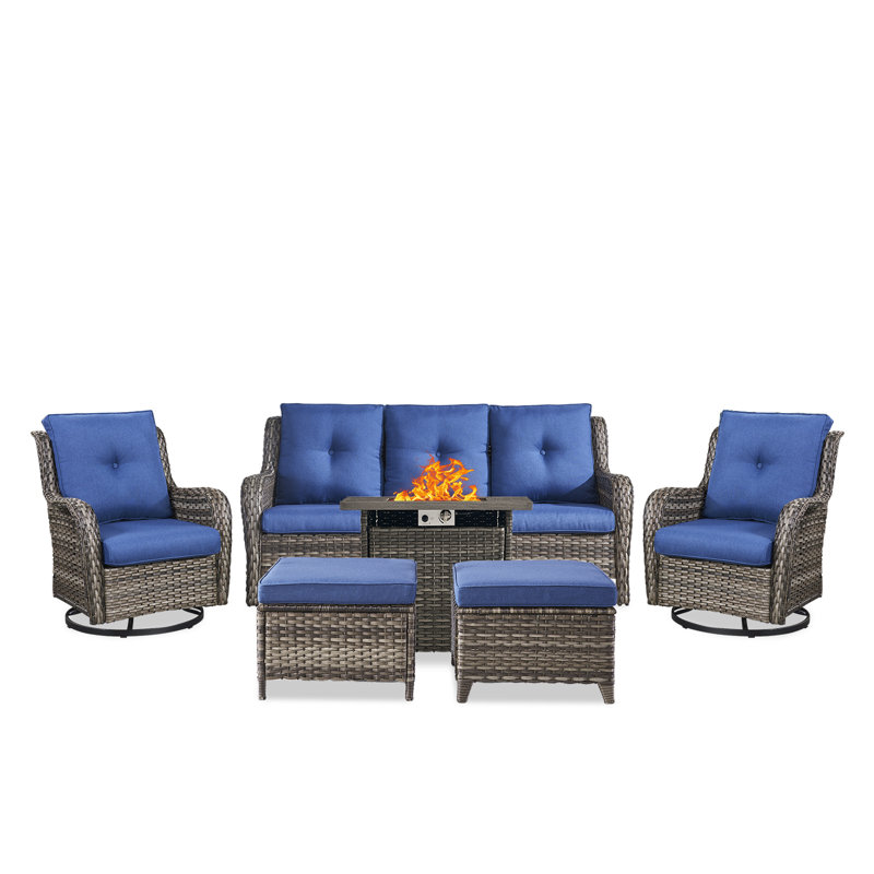 Deeominia 6-Piece All-Weather Wicker Rattan Square Fire Pit Table Conversation Set With Swivel Gliders, Blue, Gray