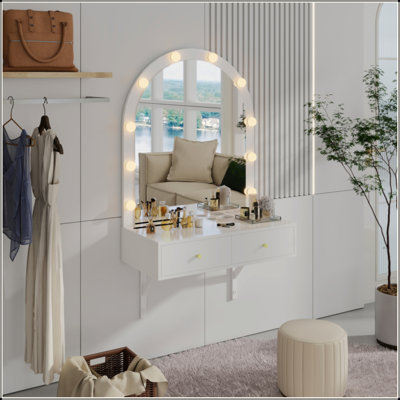 Floating Makeup Vanity Desk With Mirror & 3-Color Lights, Wall Dressing Table With Power Outlet, Compact Vanity, Large Storage