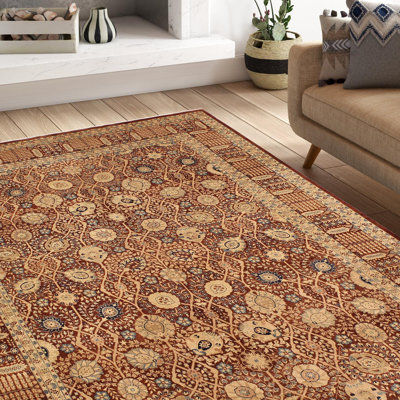 Tapis brun / beige / rouge en laine noué à la main à motif oriental 9 pi x 12 pi 3 po Roby