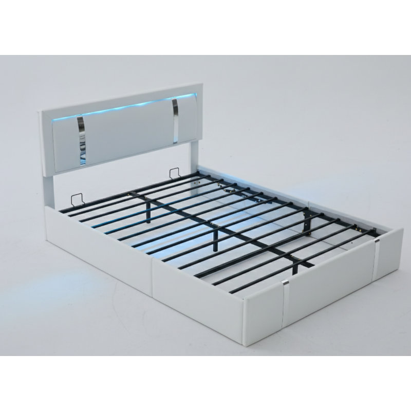 Structure de lit grand format avec rangement pour lit escamotable et tête de lit à DEL réglable, lit plateforme tapissier en similicuir