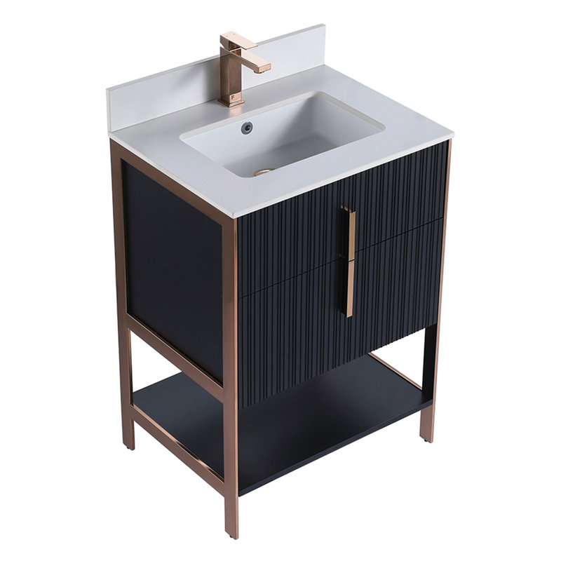  Meuble-lavabo moderne avec plateau en pierre blanche Serenity, Noir mat / or rose, 24", Pierre artificielle blanche