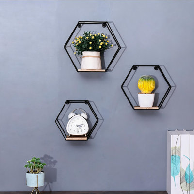 For Bedroom Living Room Kitchen Office 3 Different Sizes Hexagonal Floating Wall Shelves Modern Metal and Warm Natural Wood Display Rack