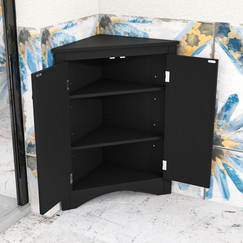 Wood Corner Bathroom Storage Cabinet with Adjustable Shelves, Triangle Design for Small Spaces, Black