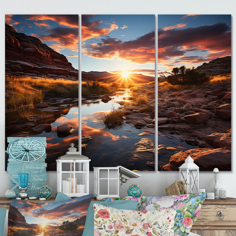 «Sunset In Utah Mountain II» sur toile, reproduction de 3 pièces, H 40 po x l 60 po x P 1 po