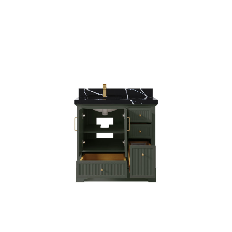 Meuble-lavabo simple 36 po avec plateau en quartz Alys, Noir Calacatta