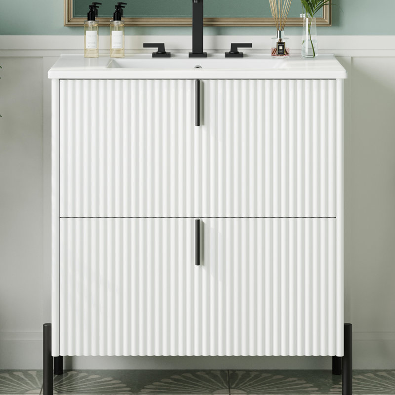 Meuble-lavabo blanc de 30 po avec lavabo en céramique, système de tiroir à fermeture en douceur, aspect cannelé et rangement optimal