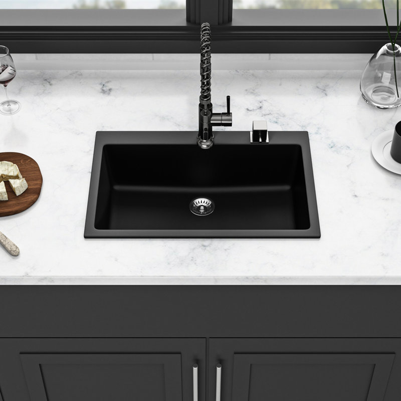 Évier en granite noir 33 x 22 po, matériau en quartz, solide et durable, minimise le bruit de la saleté, aspect facile à nettoyer, saleté à surface lisse, entretien hygiénique silencieux