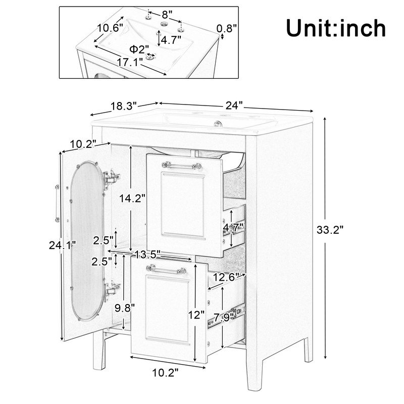 24" Bathroom Vanity with ?Ceramic Sink- ?Solid Wood Frame, ?Adjustable Shelf & 2 Drawers, Gray