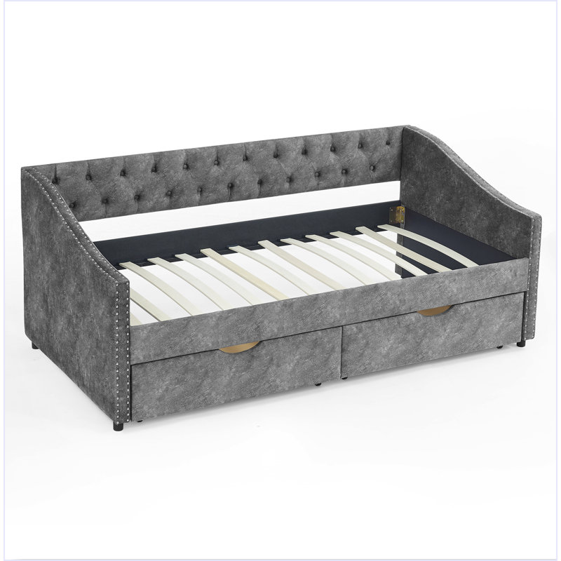 Twin Size Daybed With Drawers Upholstered Tufted Sofa Bed, With Button On Back And Copper Nail On Waved Shape Arms
