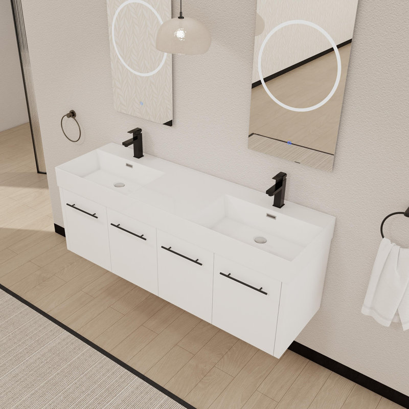 Meuble-lavabo mural 60 po avec lavabo épais 60 po, Blanc, Blanc/noir lustré