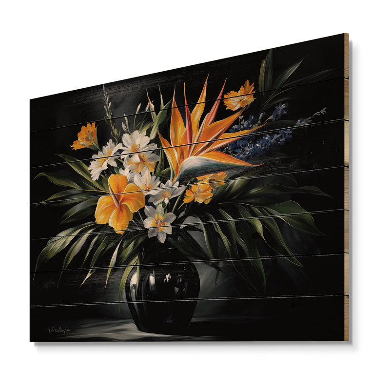 Fleurs tropicales, oiseaux du paradis I - art mural traditionnel en bois sur bois de pin naturel, H 34 po x l 44 po