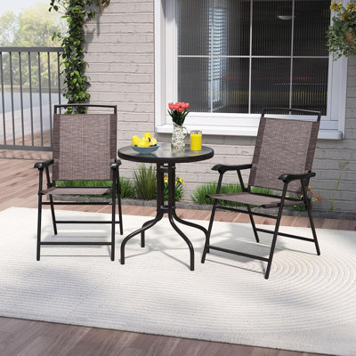 Table And Chairs Set – Multi – Outdoor 3-Piece Patio Bistro Set, Tempered Glass Tabletop, 2 Folding Chairs, 1.57” Umbrella Hole