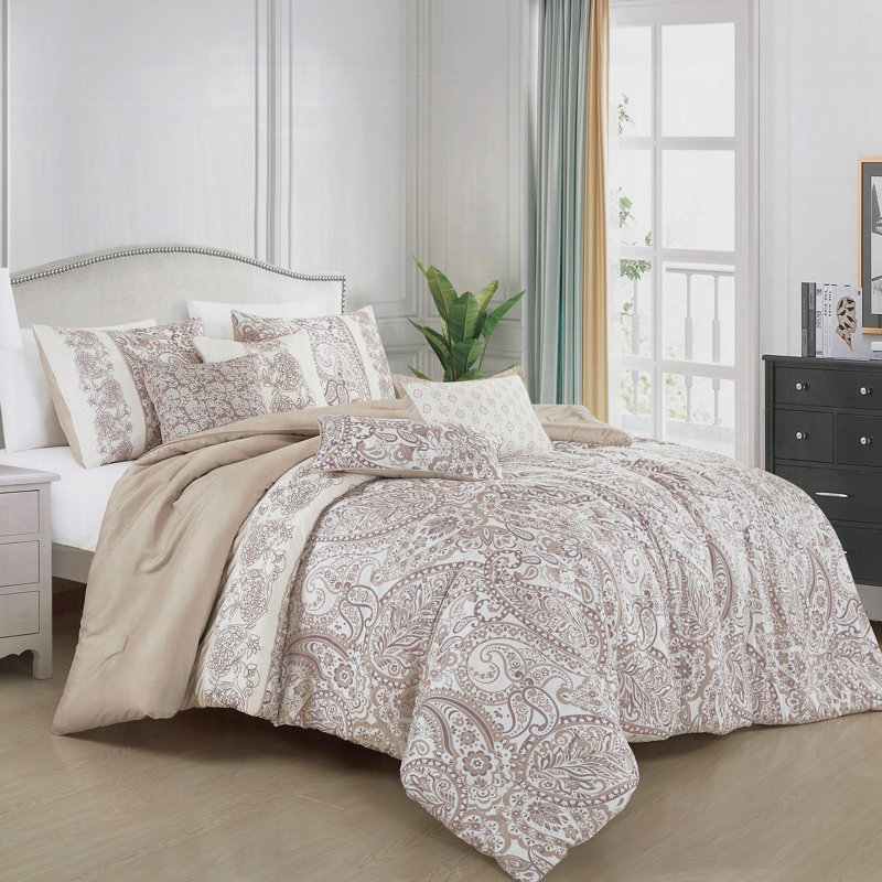 Ensemble d'édredon en microfibre brodé et imprimé 7 pièces beige et brun avec taies décoratives et coussins décoratifs