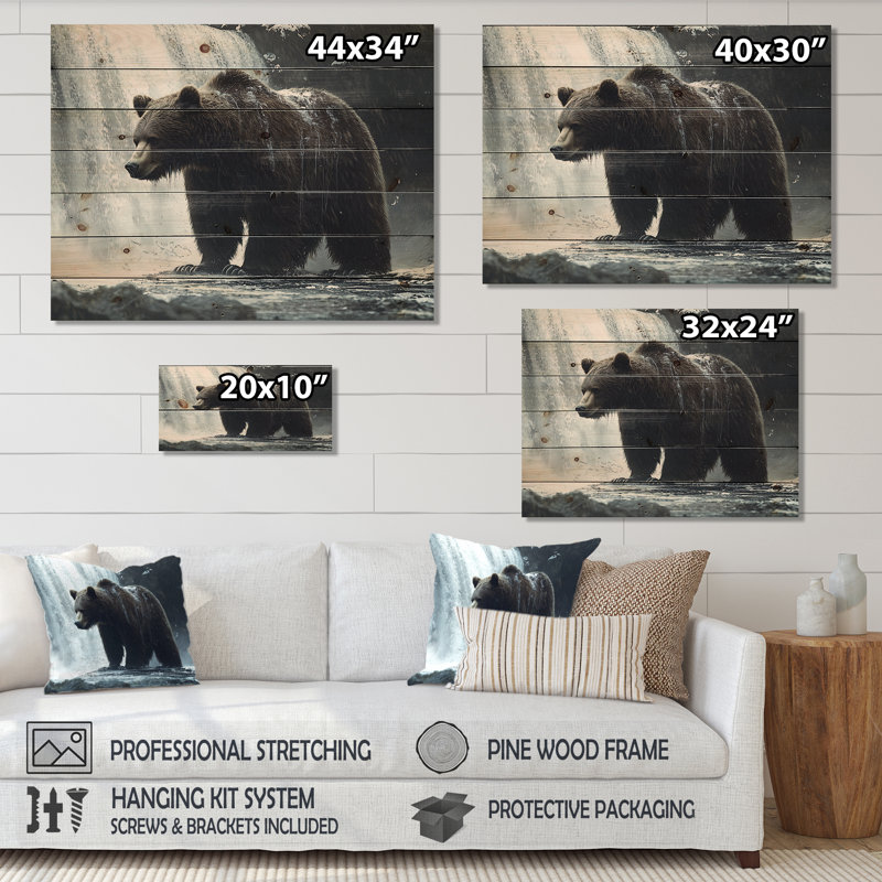 Ours à la cascade Edge I - Décoration murale ours en bois - sur bois de pin naturel, H 10 po x l 20 po x P 0,78 po