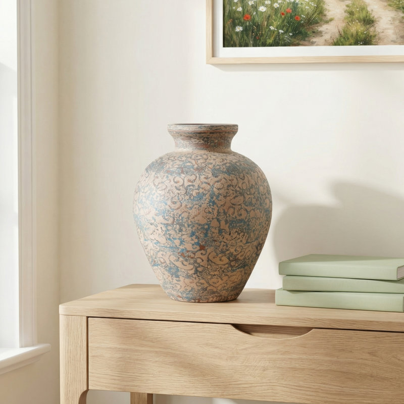 Winnetka Ceramic Handmade Antique Style Wide Rounded Scroll Decorative Beige Vase
