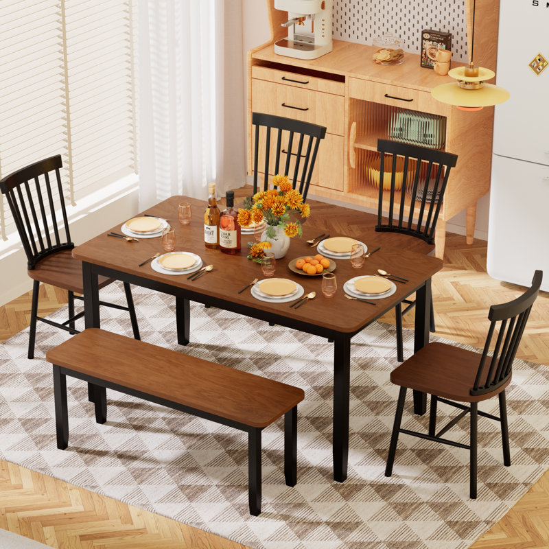Solid Wood 6-piece Dining Table Set, Modern 58" Wide With 4 Chairs And 1 Bench For Kitchen And Dining Room, Brown/Black